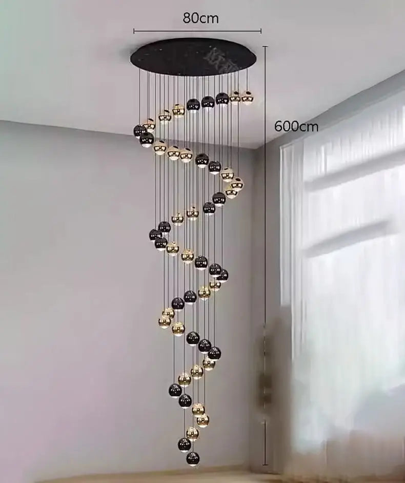 DecorBites™ LED ring pendant light with black and gold spherical bulbs spiral design heads size diameter for modern decor