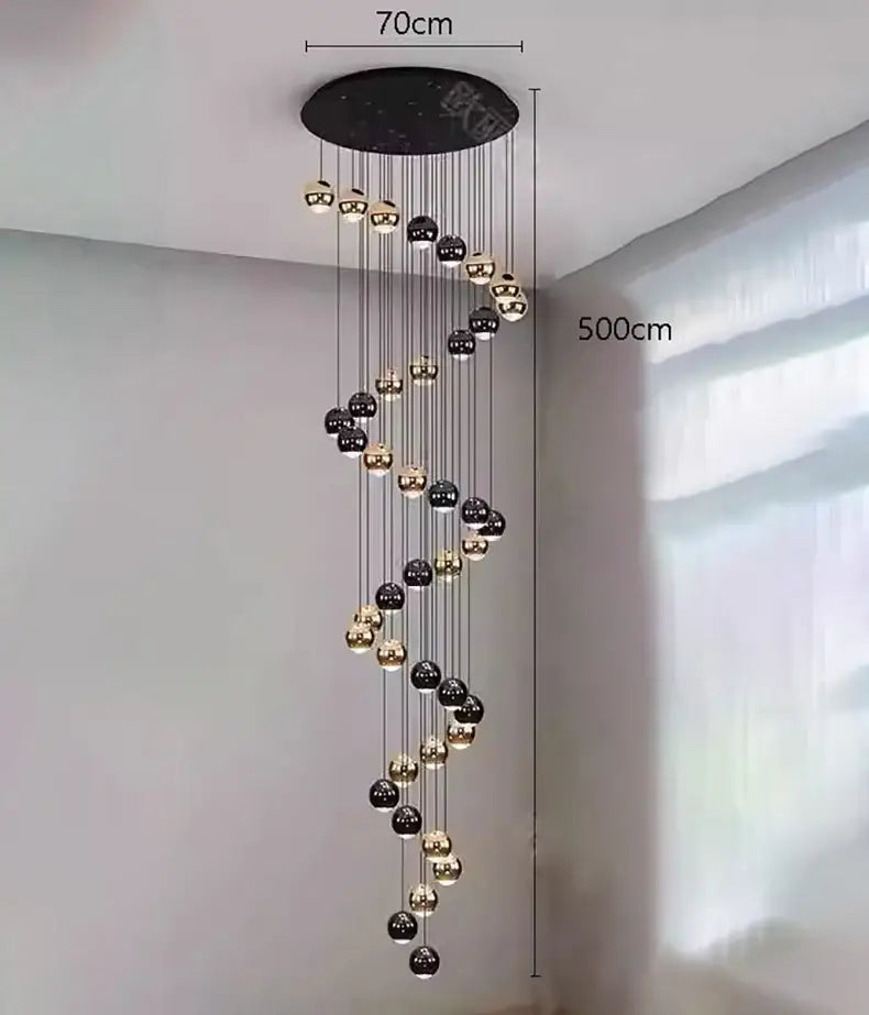 DecorBites™ LED ring pendant light modern spiral chandelier with black and gold spherical heads size diameter design