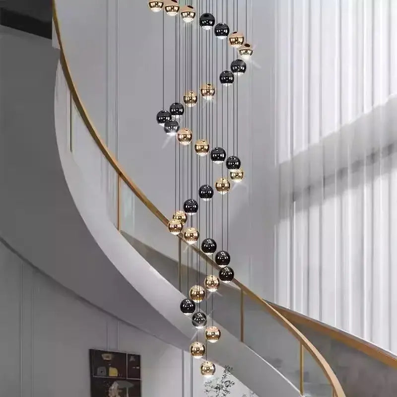 Decorbites™ led ring pendant light is a modern spiral chandelier with black and gold spherical bulbs and heads size diameter design