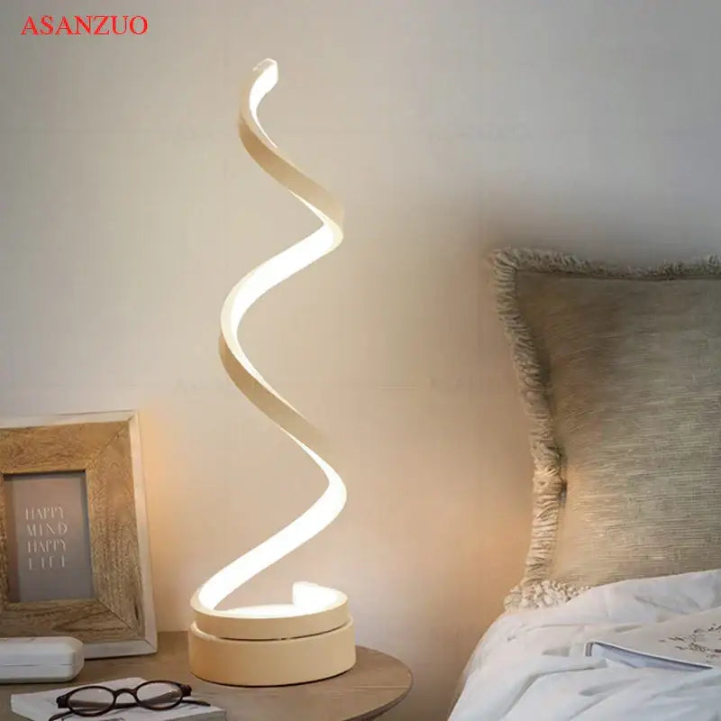 DecorBites™ cream led ring table lamp with modern spiral design and warm white illumination for bedroom lighting