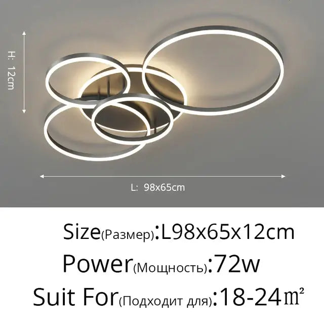 DecorBites led rings ceiling chandelier with four interlocking silver rings and warm white dimmable lighting for living rooms
