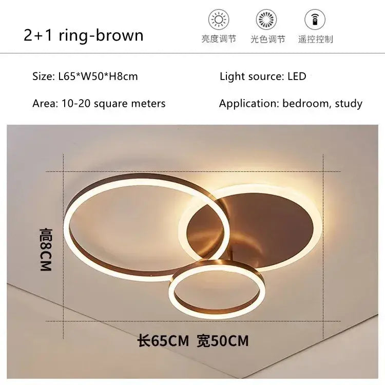 Modern brown DecorBites™ led rings ceiling chandelier with three overlapping circular rings for dimmable living room lighting