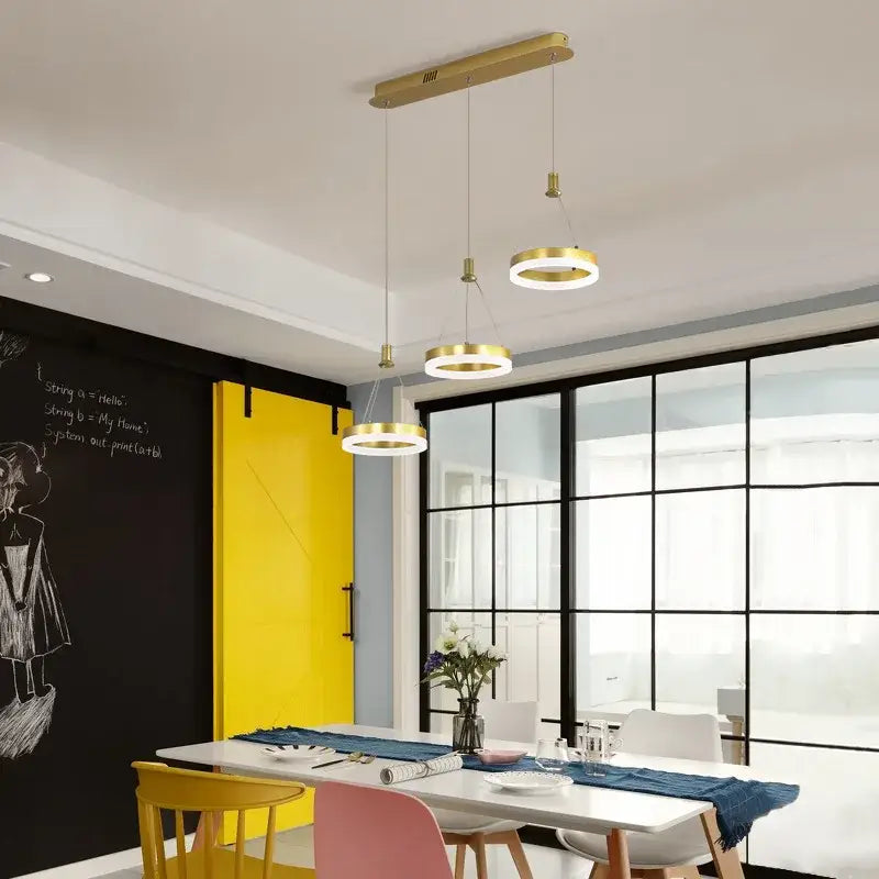 Modern gold-toned led rings ceiling chandelier with circular shades dimmable for living room and foyer decor