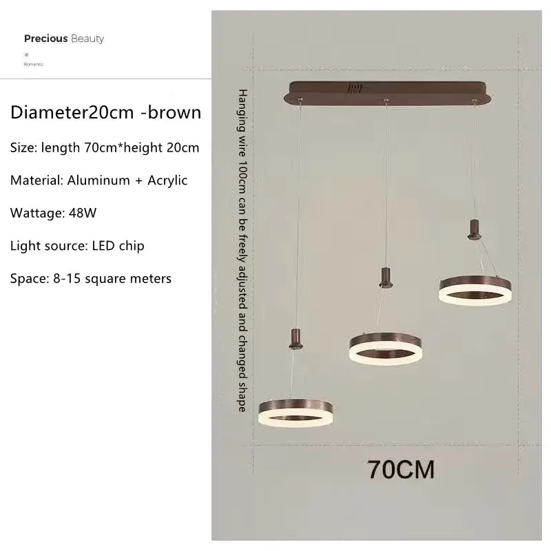 Brown modern circular led rings ceiling pendant light fixture with aluminum and acrylic for dimmable living room decor