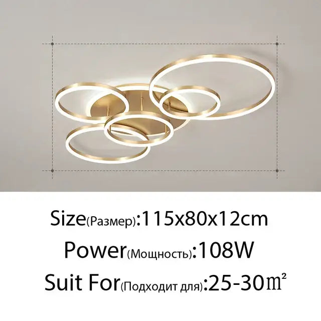 Modern gold-finished decorbites led rings ceiling chandelier with overlapping rings and integrated dimmable led lighting