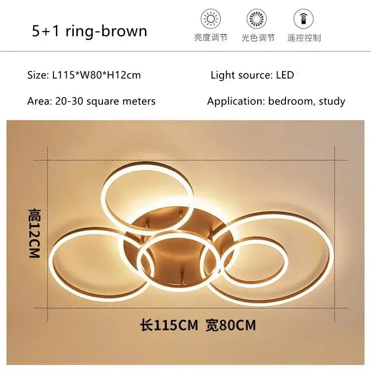 Modern brown led rings ceiling chandelier with five interlocking circular rings for dimmable indoor living room lighting