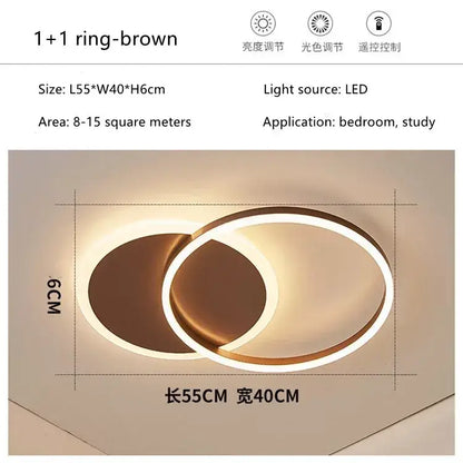 Brown led rings ceiling chandelier with two interlocking circular rings for dimmable indoor living room lighting