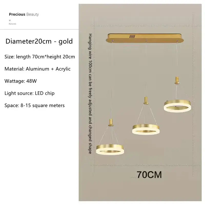 Decorbites™ gold-colored led rings ceiling chandelier with aluminum acrylic construction and adjustable hanging wires