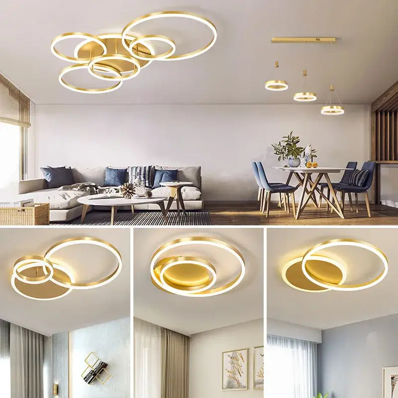 DecorBites™ modern gold-toned led rings ceiling chandelier with overlapping rings for dimmable indoor lighting