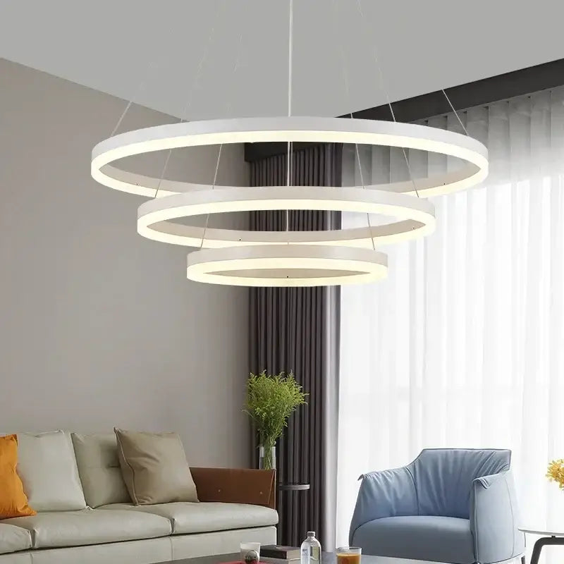 Modern white led rings ceiling chandelier with three concentric circular rings for home decoration by decorbites