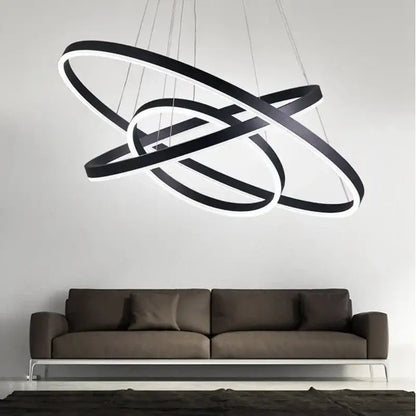 Modern black and white led rings chandelier with sleek interlocking circular design for living room and dining room lighting
