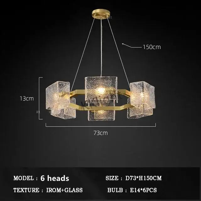 Gold-toned decorbites™ led ripples glass chandelier with six textured cube lights for modern luxury spaces