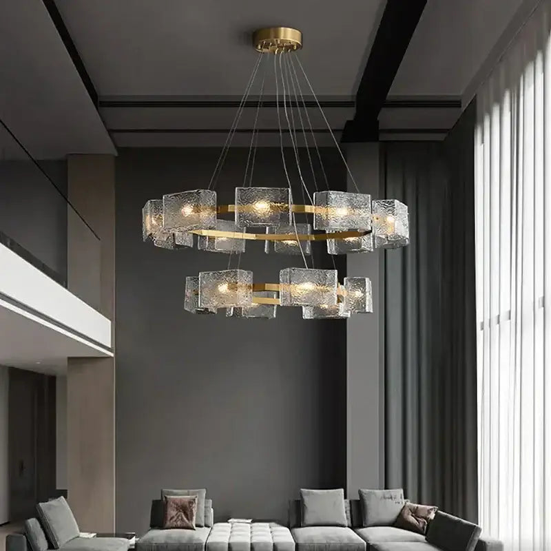 Modern two-tiered DecorBites LED ripples glass chandelier with textured glass cubes and gold-toned metal frames