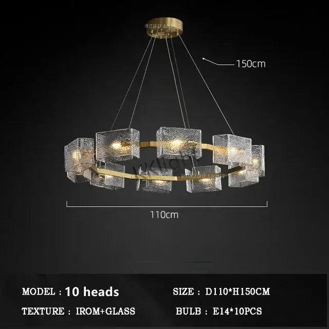 Gold-toned decorbites™ led ripples glass chandelier with ten frosted cube lights in a circular pattern for modern luxury
