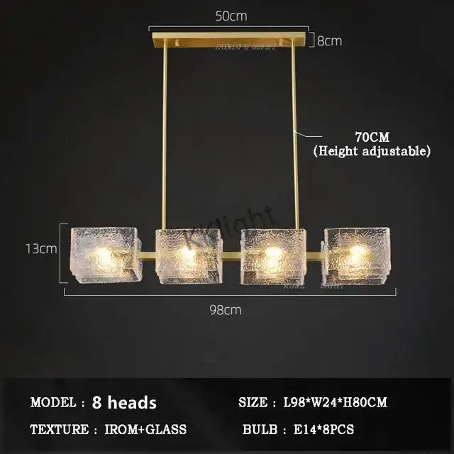 Gold-toned DecorBites™ LED ripples glass chandelier with four frosted cube shades and minimalist metal frame for modern luxury