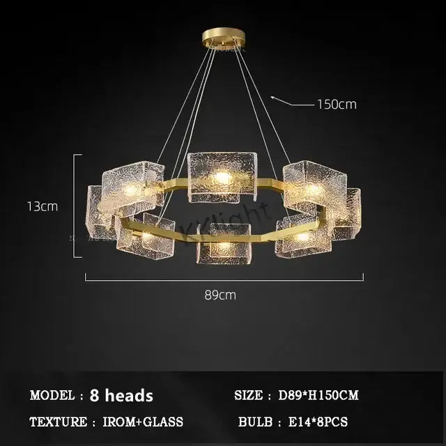 Gold-toned DecorBites™ led ripples glass chandelier with eight frosted cube lights in circular modern luxury design