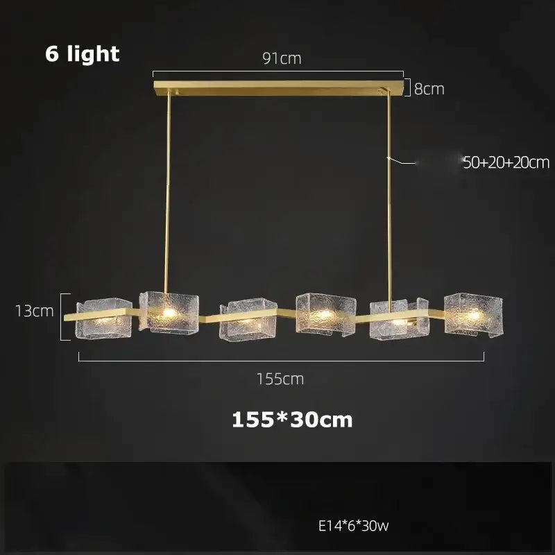 Decorbites led ripples glass chandelier in gold tone with six frosted cube shades and modern metallic frame for living spaces