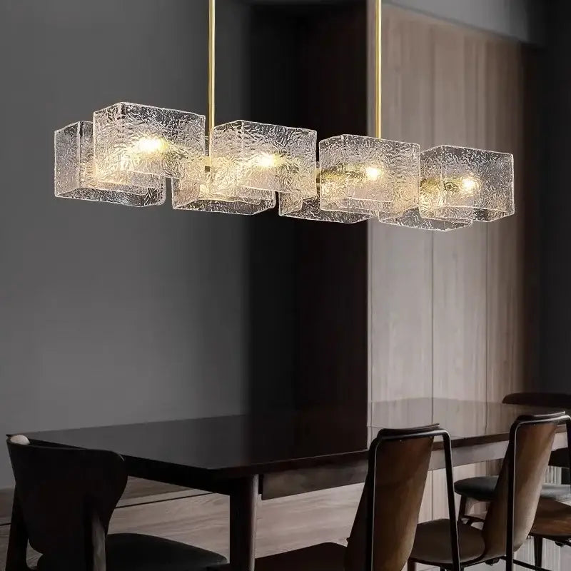 DecorBites™ led ripples glass chandelier with five textured translucent cubes and gold-toned rods for modern luxury lighting