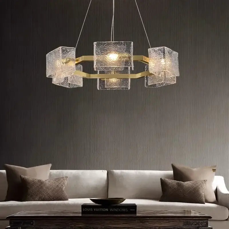 DecorBites™ led ripples glass chandelier with translucent textured cubes and gold metal frame for modern luxury lighting