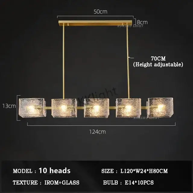 Gold-toned metal frame ripples glass chandelier with five frosted cubes and e14 bulbs for modern living spaces
