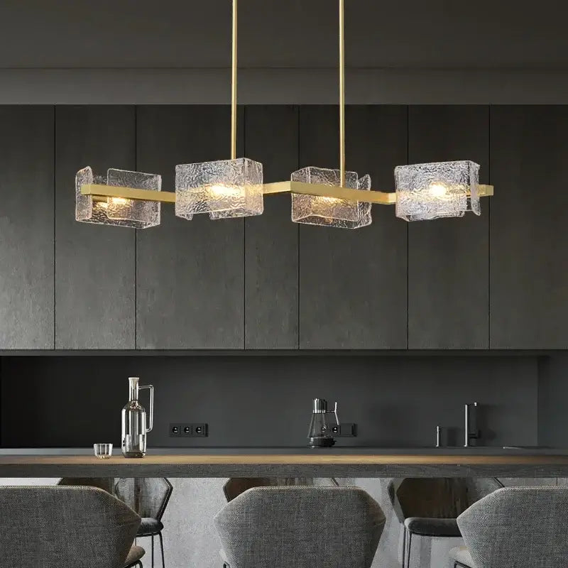 Decorbites™ led ripples glass chandelier with four gold-toned textured glass cubes for modern luxury lighting