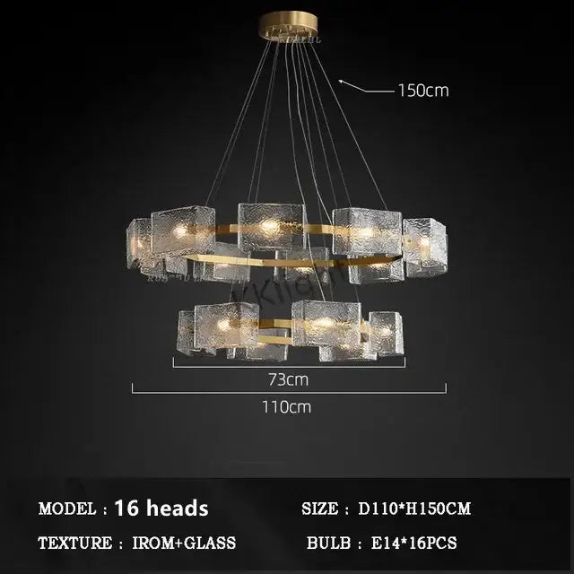 Gold-toned decorbites led ripples glass chandelier with concentric frosted cubes for modern living spaces