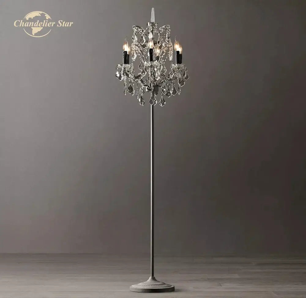 Elegant DecorBites™ LED Rococo crystal iron floor lamp with slender metallic stand and candle-like bulbs in chandelier style