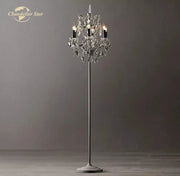 Elegant DecorBites™ LED Rococo crystal iron floor lamp with slender metallic stand and candle-like bulbs in chandelier style