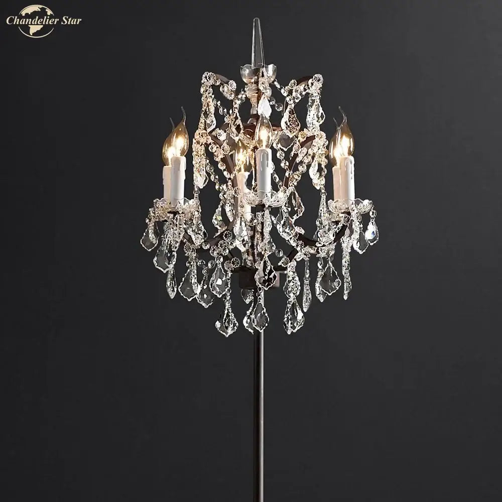 DecorBites™ led rococo crystal iron floor lamp chandelier with three lit candle bulbs and clear faceted glass droplets