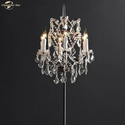 DecorBites™ led rococo crystal iron floor lamp chandelier with three lit candle bulbs and clear faceted glass droplets