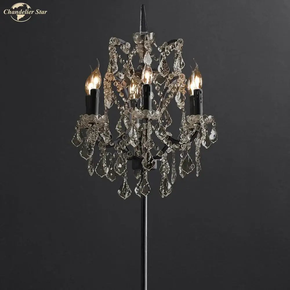 Elegant DecorBites™ led rococo crystal iron floor lamp chandelier with black metal frame and three candle-style bulbs lit