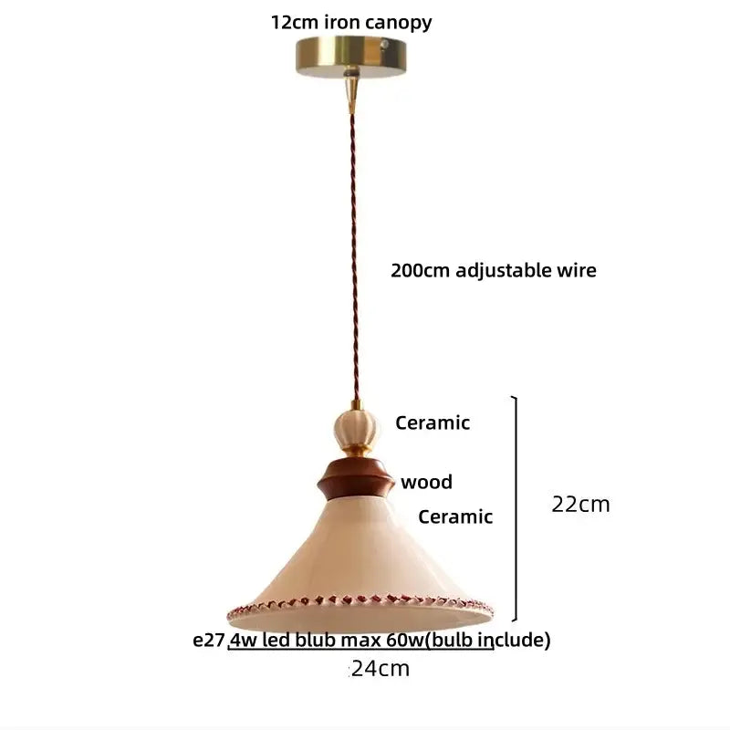 Cream-colored ceramic led rose flower pendant lamp with wooden accent and decorative beaded trim for modern decor