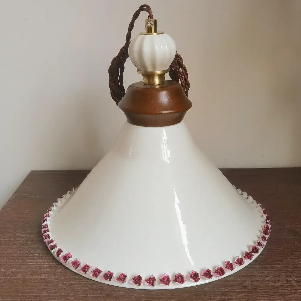 Decorbites™ led rose flower pendant lamp in white ceramic with pink floral rim and brown wooden base for modern decor