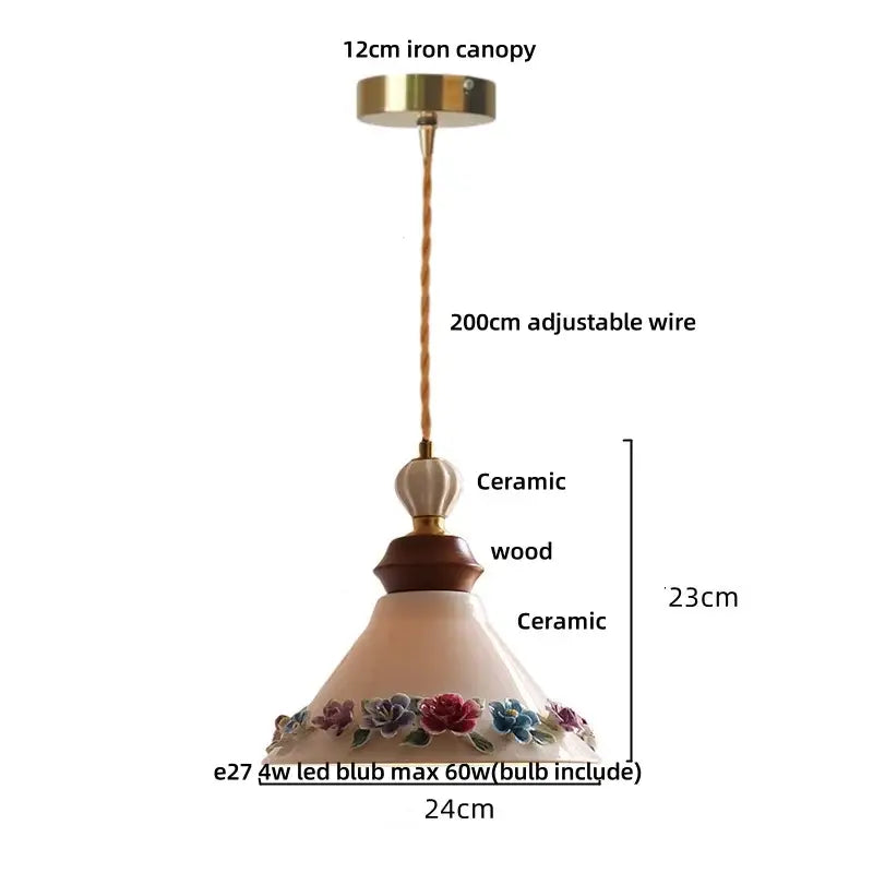 Decorbites™ led rose flower pendant lamp with cream ceramic fluted shade and purple red floral patterns for modern decor