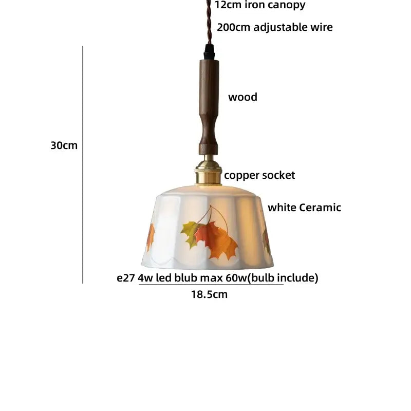 Decorbites™ led rose flower pendant lamp ceramic white with autumn leaf decals wooden handle copper socket