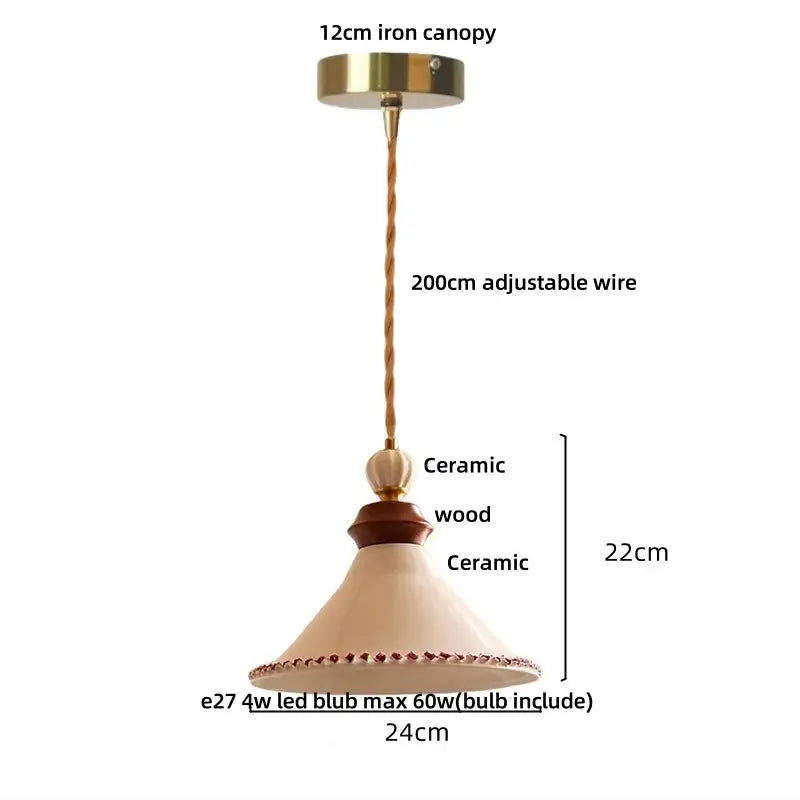 Cream-colored ceramic led rose flower pendant lamp with wooden accent and red beading for modern lighting