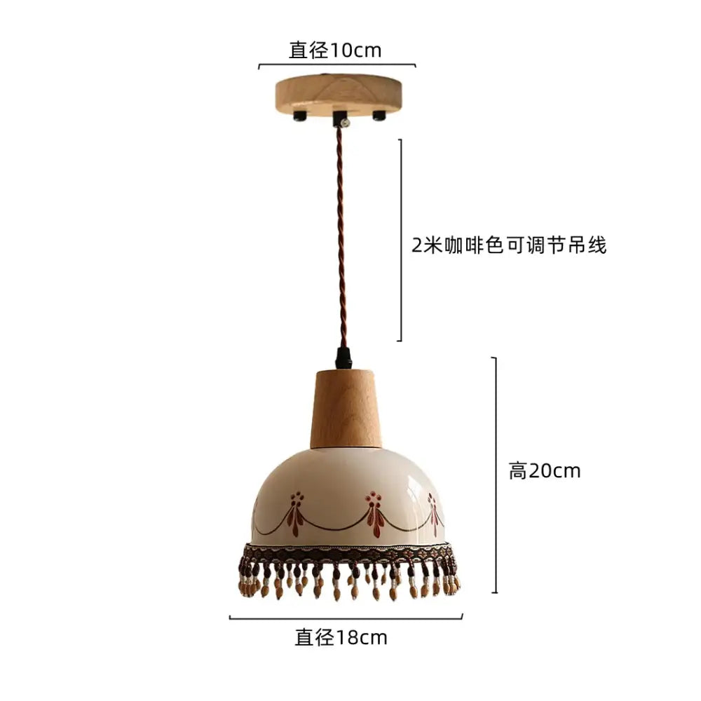 Cream-colored ceramic led rose flower pendant lamp with wooden top base brown patterns and tassels for modern decor