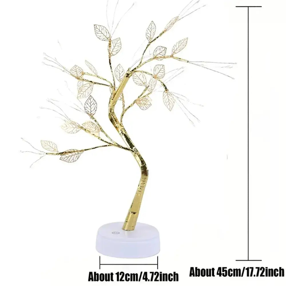 Gold-colored wire tree fairy lamp with delicate leaf designs and white base for christmas tree fairy decoration