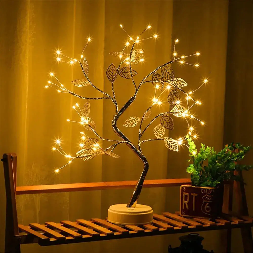 DecorBites™ LED rose leaf table lamp with dark metallic branches and warm white lights for christmas tree fairy decor