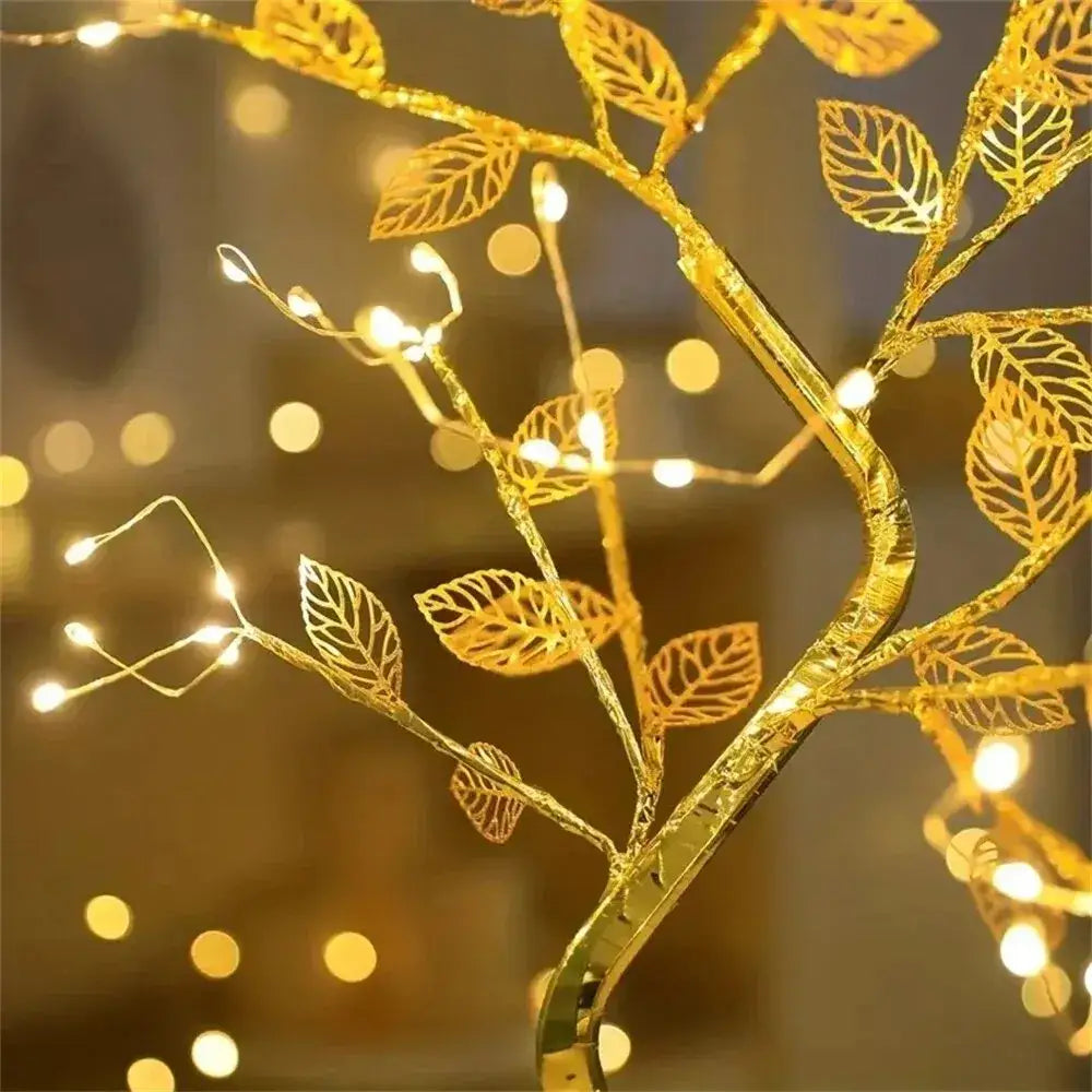 DecorBites™ golden wire tree fairy lamp with intricate leaf cutouts and warm led lights for christmas tree decor