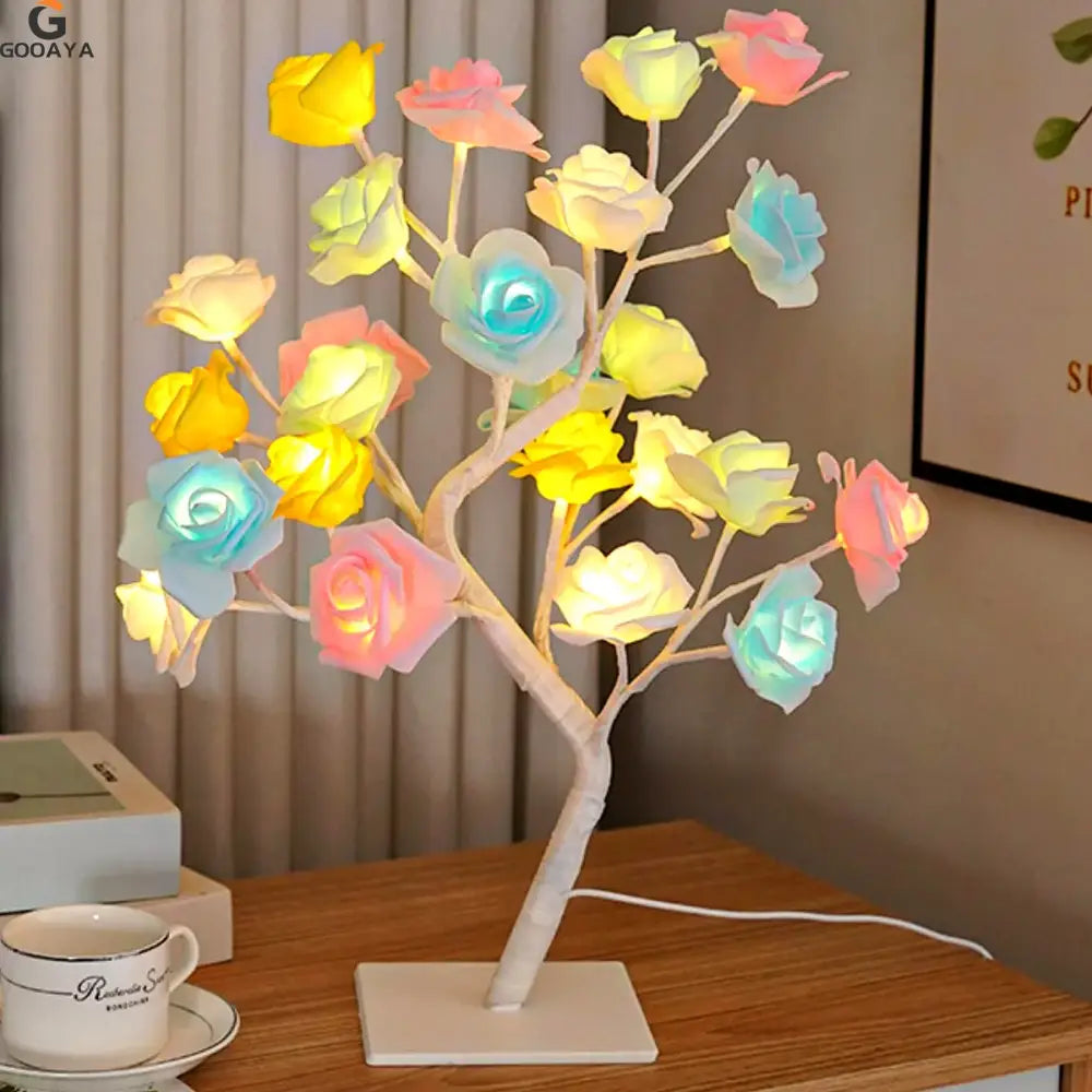 Decorbites led rose leaf table lamp with pastel glowing blossoms in yellow pink blue and white tree fairy night light
