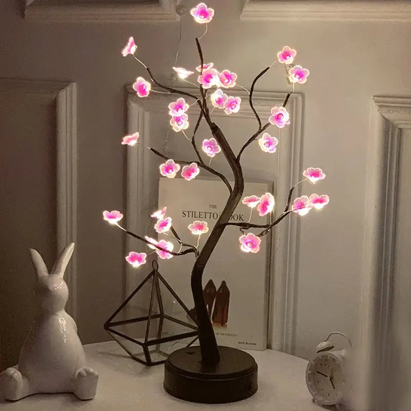 Decorbites™ led rose leaf table lamp with pink glowing cherry blossom flowers and dark brown branch structure, ideal tree fairy light