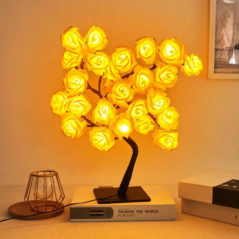 Decorbites™ warm yellow led rose tree lamp with glowing petals and black stem for christmas tree fairy decoration