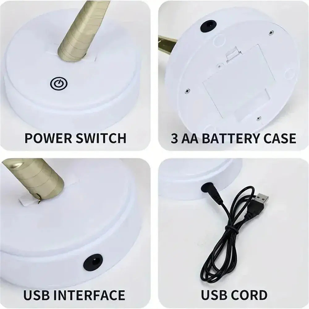 White plastic desk lamp base with gold stem featuring usb interface and battery compartment for christmas tree fairy lights