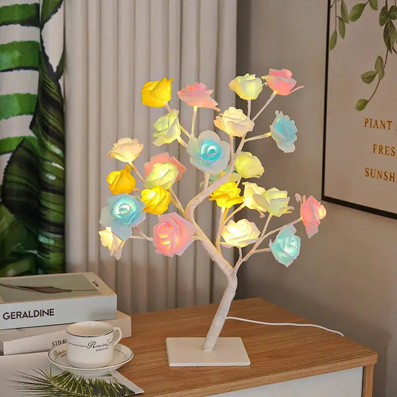 Decorbites™ led rose tree lamp with pastel yellow pink and blue roses usb powered atmosphere lighting