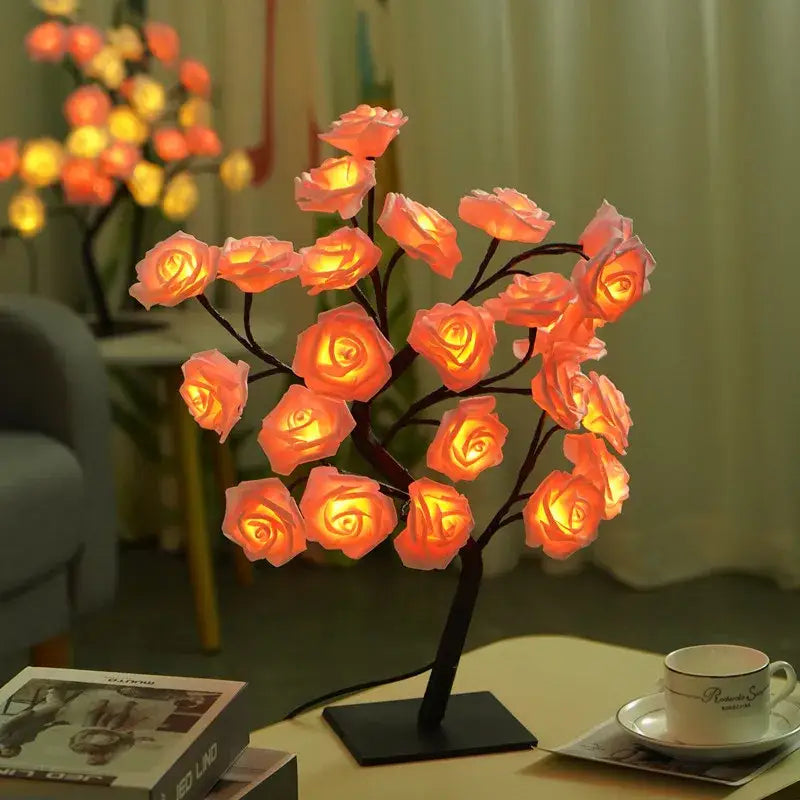 Decorbites™ usb powered peach glowing rose tree lamp with black branches and square base for home decor lighting