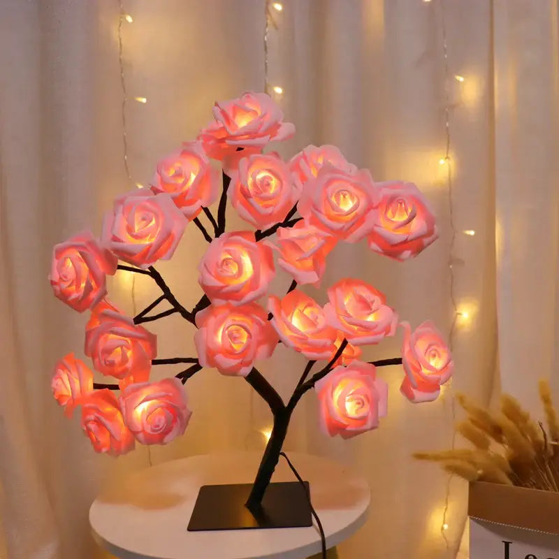 Decorbites™ led rose tree lamp with glowing pink blossoms and black base usb powered for home decor and events