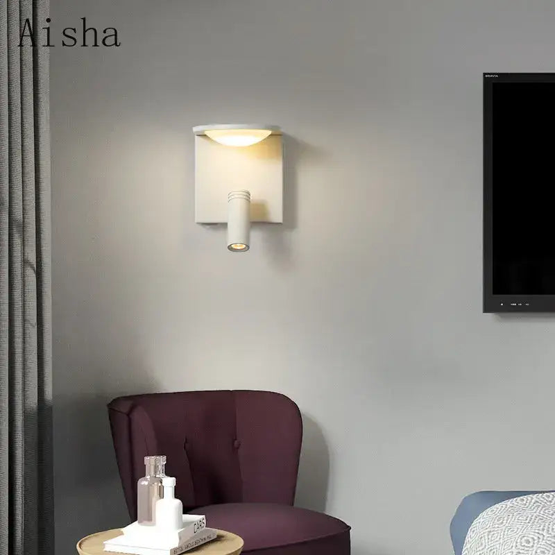 White rectangular led rotary square wall lamp with cylindrical light fixture emitting warm illumination for home use