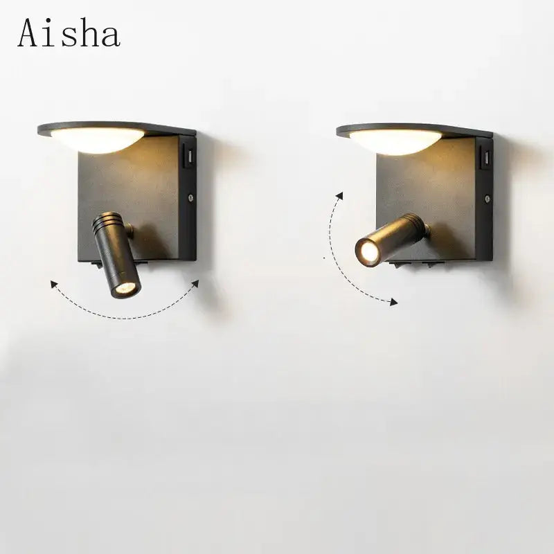 Black metal led rotary square wall lamp with adjustable spotlight and integrated usb port for home bedroom study