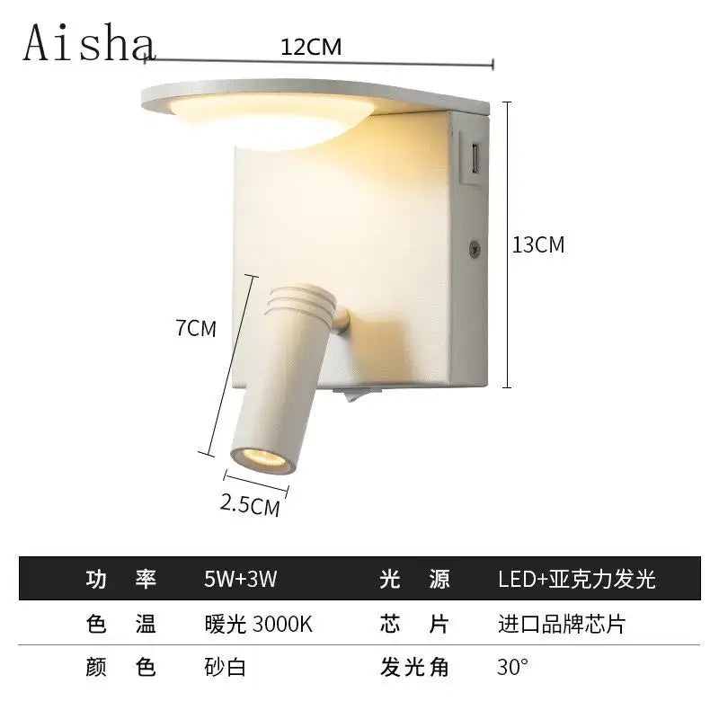 Aisha brand decorbites™ led rotary square wall lamp with white finish, usb port, and adjustable spotlight for task lighting